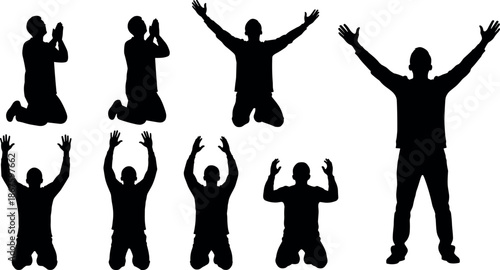 Set of Silhouettes Depicting Men Kneeling and Standing in Prayer Worship Praise and Spiritual Devotion to God on White Background