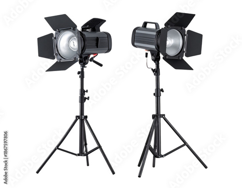 Two Studio Lights on Adjustable Stands Facing Forward, Professional Photography Equipment, Isolated.
