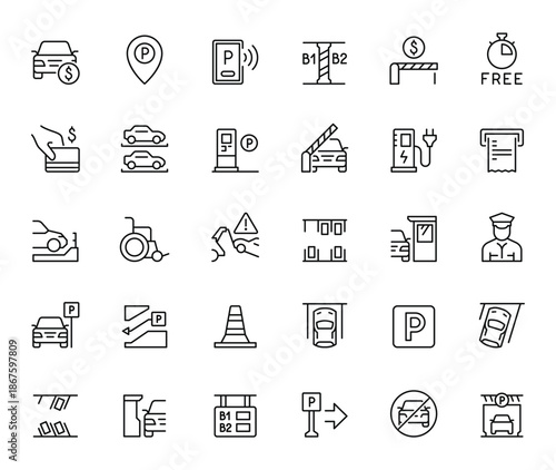 Line Icons Depicting Parking Spots Cars and Traffic Signs.