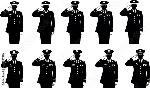 Set of ten military officer silhouettes saluting in formal uniform for Veterans Day Memorial Day and patriotic commemorative design concepts