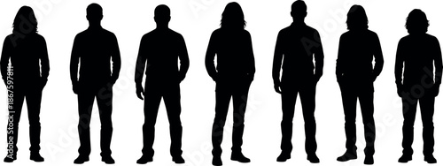 Seven diverse male and female silhouette figures standing in a line wearing casual clothes for business team and community concepts.