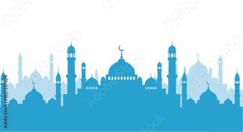 Serene Blue Mosque City Skyline Illustration with Domes and Minarets, Ideal for Islamic Holidays