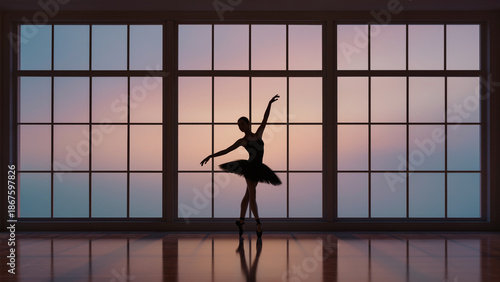 Ballet dancer silhouette in elegant pose at sunset studio window, graceful minimal scene