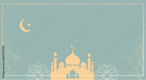 Peaceful Islamic Mosque Silhouette with Crescent Moon and Star, Ideal for Ramadan and Eid Celebrations