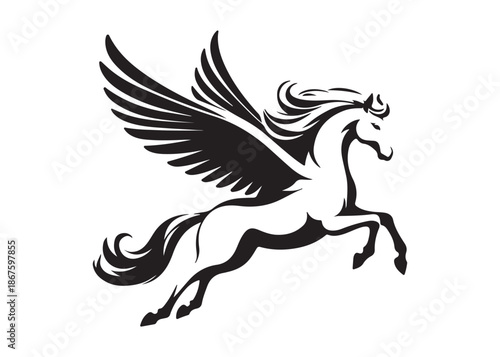 pegasus logo silhouette vector, horse with wings logo design icon vector illustration, magical fantasy horse vector silhouette, pegasus fly horse logo vector silhouette on white background