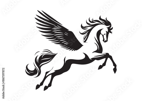 pegasus logo silhouette vector, horse with wings logo design icon vector illustration, magical fantasy horse vector silhouette, pegasus fly horse logo vector silhouette on white background