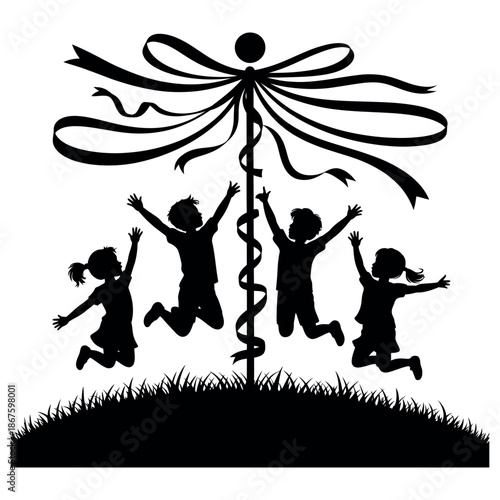 Silhouette of children jumping and celebrating around traditional maypole with ribbons on grassy hill during spring festival celebration and joyful outdoor play