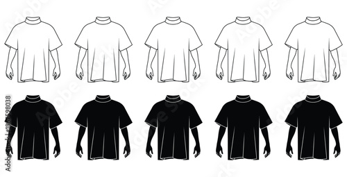 Fashion design template showing front views of oversized short sleeve mock neck t shirts in both outline and solid black variations for apparel mockups