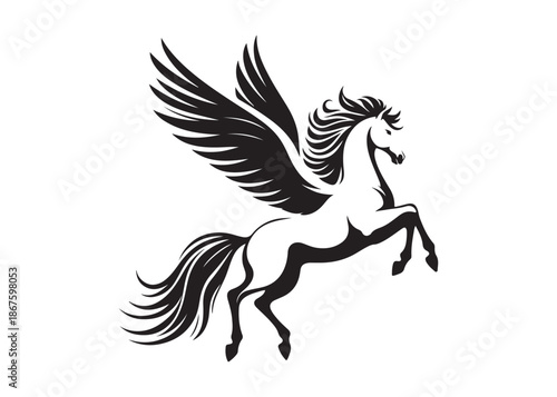 pegasus logo silhouette vector, horse with wings logo design icon vector illustration, magical fantasy horse vector silhouette, pegasus fly horse logo vector silhouette on white background