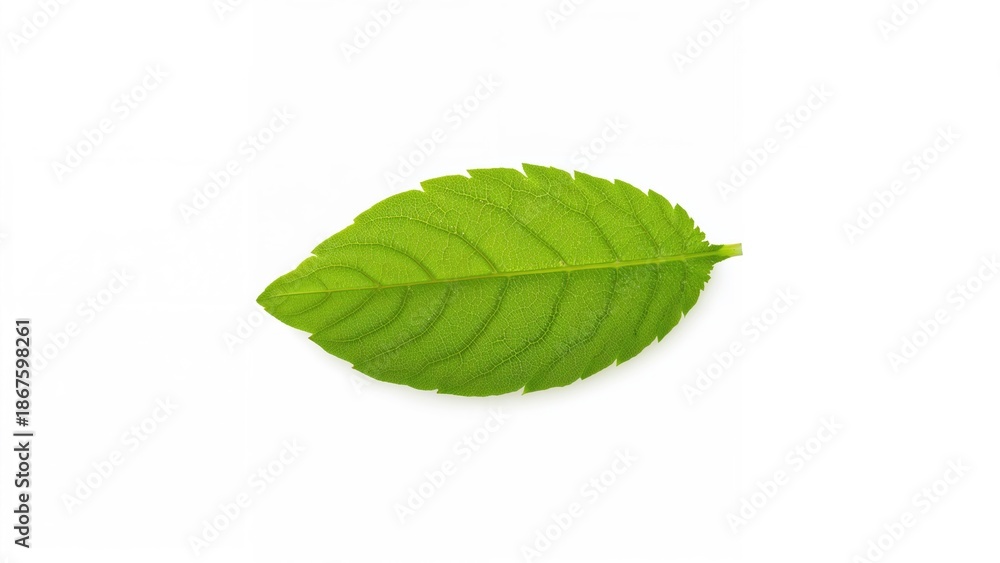 Fototapeta premium A single green leaf with prominent veins on a white background.