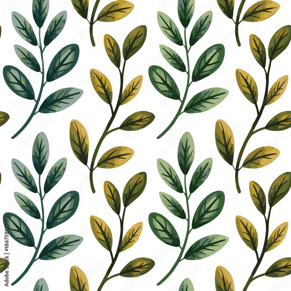 Fototapeta premium A seamless tropical leaf pattern featuring lush green foliage and soft coral botanical elements on a white background.
