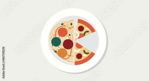 Minimalist Vector Illustration Divided Plate with Colorful Spaghetti and a Pizza Missing One Slice