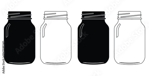 Collection of four mason jar icons showing alternating silhouette and outline styles perfect for canning or rustic design projects