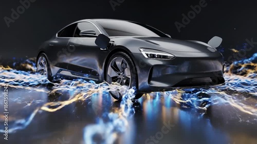 Wallpaper Mural Abstract motion graphic animation visualizing blue and yellow electrical energy flowing seamlessly from the ground into the chassis of a static generic electric car model flow, data, seamlessly Torontodigital.ca