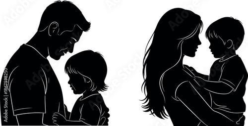 Silhouette vector illustration of a loving father and mother holding their young children isolated on a white background for parenting concepts.