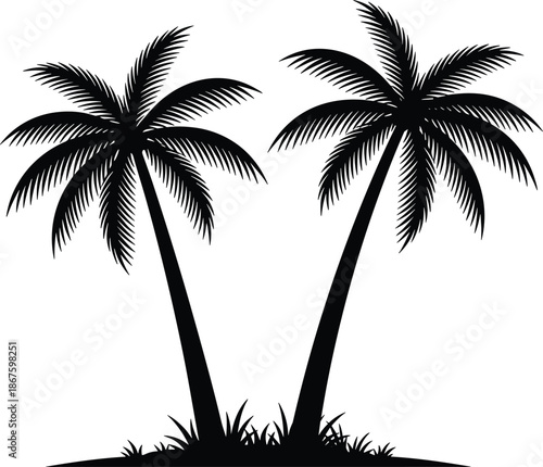 Two palm tree silhouettes tropical island nature illustration, black vector coconut trees landscape design isolated background
