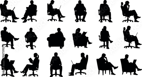 Silhouettes of Business People and Freelancers Sitting in Office Chairs Using Laptops and Reading Documents in Various Professional Working Poses