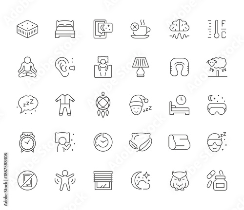 Line Icons Depicting Sleep Bedtime and Relaxation Elements.
