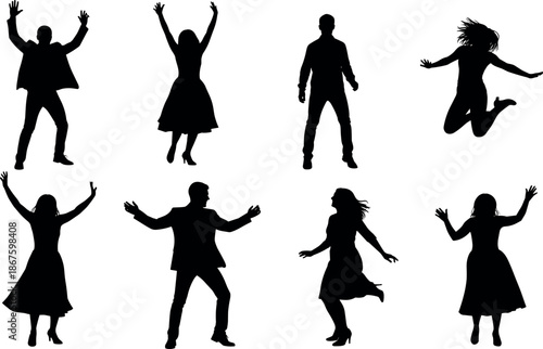 Silhouettes of joyful men and women in various active poses celebrating jumping dancing and cheering for success isolated on white background