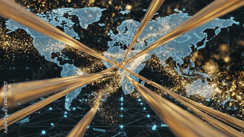 Wallpaper Mural Abstract motion graphic background featuring golden metallic lines and shimmering particles moving across a dark digital global commerce network grid lines, commerce, featuring Torontodigital.ca