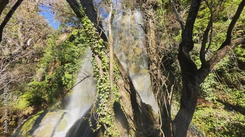 Close-up view of the water from the Fuentetoba waterfall flowing gracefully over the intricate textures of the moss-covered rocks, showcasing the raw beauty of the Golmayo River in Soria, Spain.