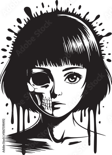Anime girl with bob haircut and half skull face, dripping paint effect, urban style illustration