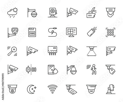 Line Icons of Security Cameras Alarms and Surveillance Devices.