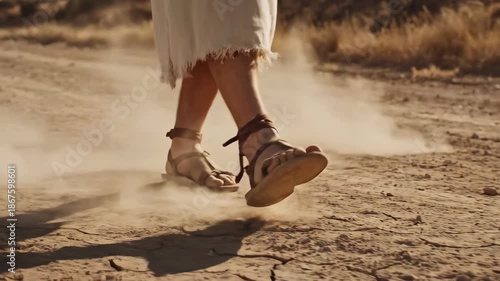 The feet of Jesus in sandals walking on a dusty desert path in slow motion. A biblical depiction of a spiritual journey. Faith and Christianity concept