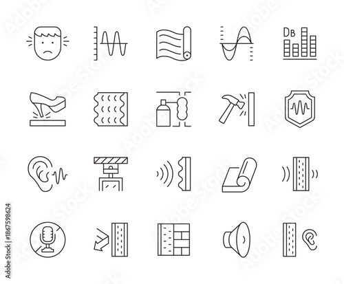 Line Icons Set Featuring Sound Waves Audio Elements and Hearing Symbols.
