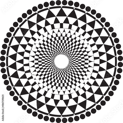 Intricate abstract radial geometric optical illusion mandala with triangle and square checkerboard pattern