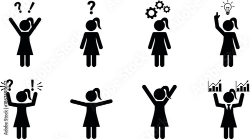 Vector Stick Figure Woman Character Solving Problems Thinking of Ideas Making Decisions and Achieving Financial Success with Growth Data Charts