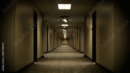 Wallpaper Mural Long dimly lit hotel corridor with multiple doors. Torontodigital.ca