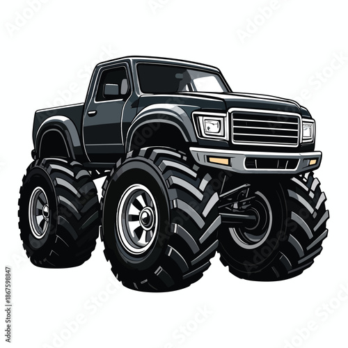 Dynamic monster truck racing illustration on white, extreme off-road vehicle power concept graphic