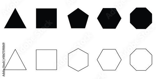Collection of basic two dimensional geometric shapes displayed in two distinct styles showing solid black fills and simple outline versions for educational contrast