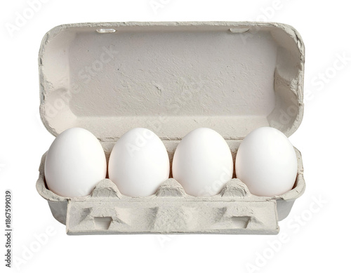 Untitled design - Firefly_Four white eggs in a carton isolated on transparent background