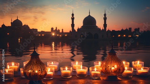 Ramadan Kareem and Eid Mubarak Backgrounds, Islamic Lanterns, Mosques, Festive Night Illustrations