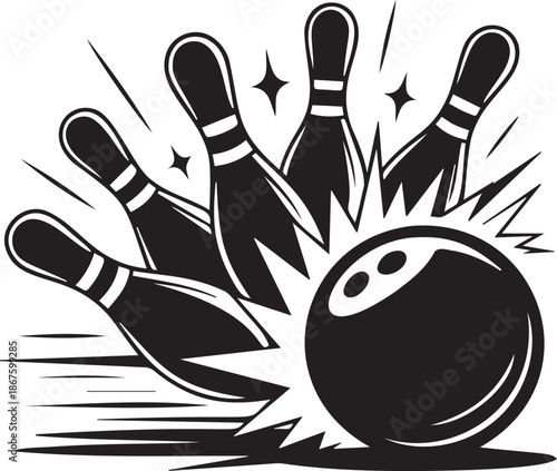 Bowling ball crashing into pins, dynamic impact, retro style, black and white