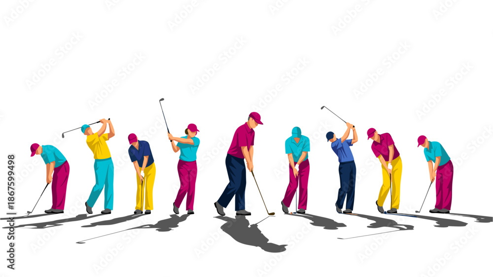 Obraz premium Dynamic sequence of golfers in various colorful outfits demonstrating the full swing motion on a clean white background.