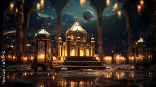 Ramadan Kareem and Eid Mubarak Backgrounds, Islamic Lanterns, Mosques, Festive Night Illustrations