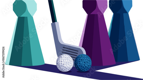 A vibrant digital illustration captures a golf club and two golf balls positioned strategically among colorful game pawns, symbolizing strategic play.