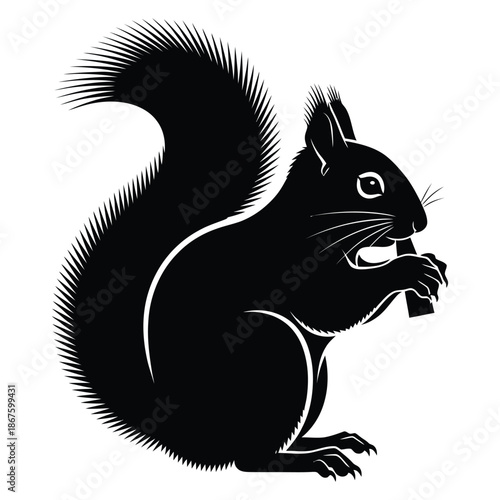 Striking black and white silhouette graphic design depicting a charming squirrel holding and gnawing upon a small piece of food with its tiny paws isolated on white background for logo creation