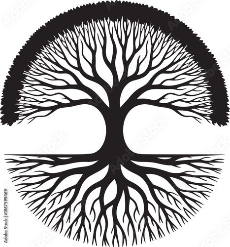 Circular tree of life detailed silhouette vector illustration showing extensive branches and intertwined root system