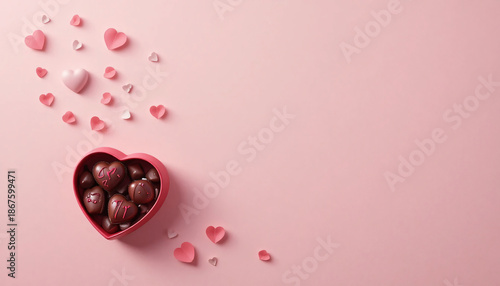 Heart shaped box of assorted chocolates on pink background with scattered hearts with valentine