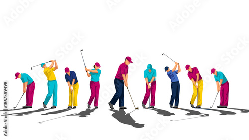 Dynamic sequence of golfers in various colorful outfits demonstrating the full swing motion on a clean white background.