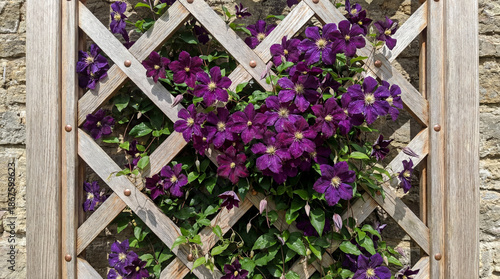Purple flowers climbing on wooden trellis against stone wall  
