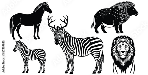 Collection of stylized black and white vector silhouettes featuring various wild animals including horses zebras deer and a majestic lion portrait