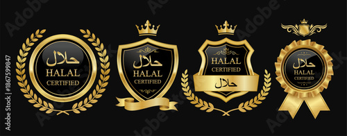 Luxury Golden Halal Certified Badges Vector Set. Premium Arabic and English Halal Labels, Seals, and Logos on Black Background. Vector Signs For Commercial Use