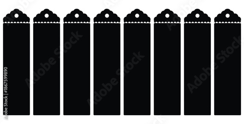 Set of eight decorative black vertical banner shapes with scalloped tops and hole punch details isolated on a white background ideal for design elements