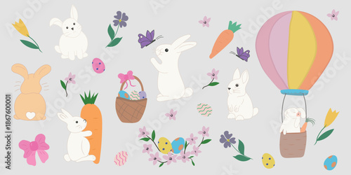 Easter design elements set with bunnies, eggs, flowers and pastel spring decorations
