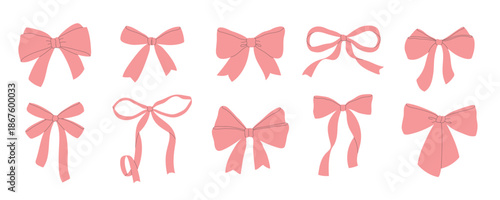 Set of hand drawn pink bows. Design element for greeting card, invitation, poster, banner, gift certificate.